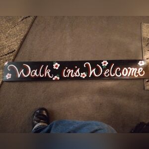 40x6 in. Hand painted shop sign. Walk ins Welcome with cherry blossom